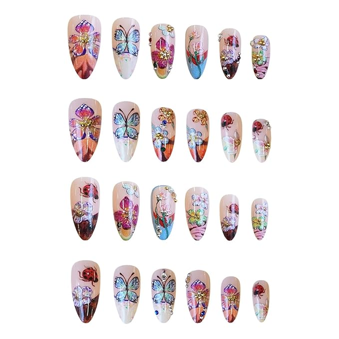 Flower Press on Nails Medium French Tip Fake Nails with 3D Colorful Butterfly Ladybug Floral Design Summer False Nails Gold Rhinestones Artificial Acrylic Nails Almond Glue on Nails for Women 24Pcs