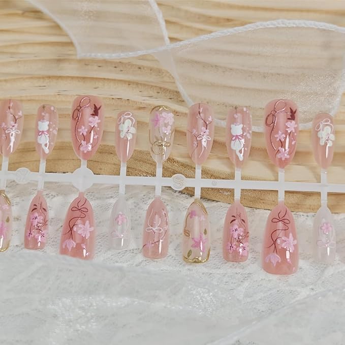 30Pcs Pink Press on Nails Medium Almond Fake Nails Gilding Cherry Blossoms Bow Designs Full Cover Spring Summer Nails Cute Cat Stick on Nails Handmade False Nails for Women Girls Acrylic Nails Decor