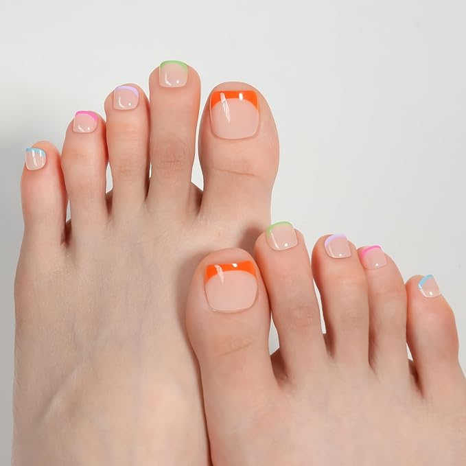 Vansiho Brighter Pastel Press on Toenails Short, French Tips Toenail Press on Square for Women, Soft Gel Fake Toenails, Acrylic Nails Soak off Toenail Home DIY 15 Sizes