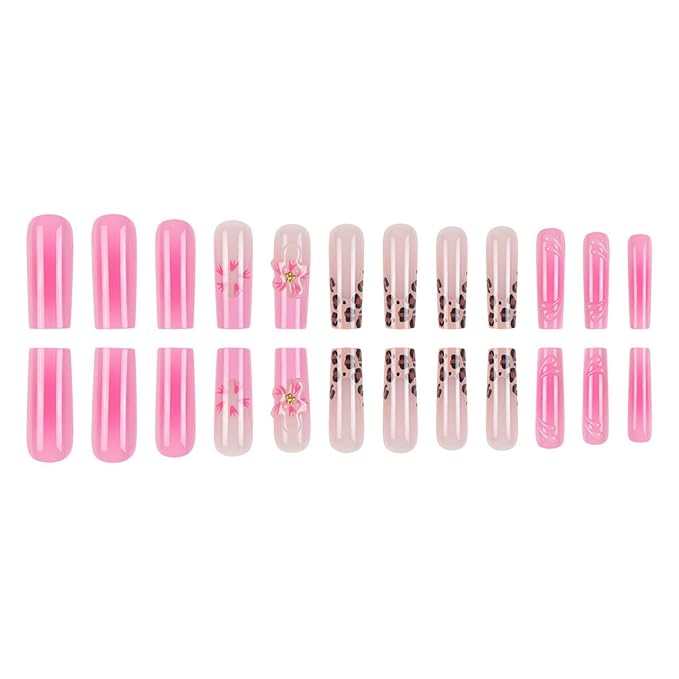 Long Press on Nails Square Fake Nails French False Nails Pink Artificial Nails with Flowers and Leopard Designs Cute Stick on Nails for Women 24pcs