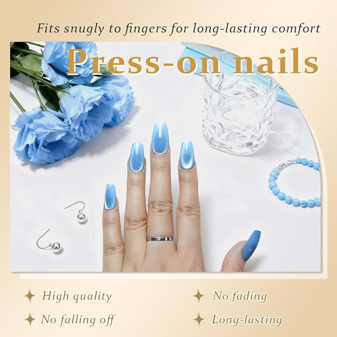 evpct Sky Blue Cat Eye Coffin Press on Nails Square Medium, Medium Square Glue on Nail for Women Gift, Sky Blue Metallic Glitter Glossy Reusable Summer Soft Gel Press on Acrylic Fake Nail with Designs