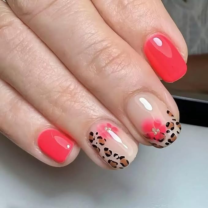 6 Packs (144 Pcs) Press on Nails Short Square, Almond Press on Nails, with Leopard Print Polka Dot Design French Tip Fake Nails for Women - 12 Sizes, 6Styles