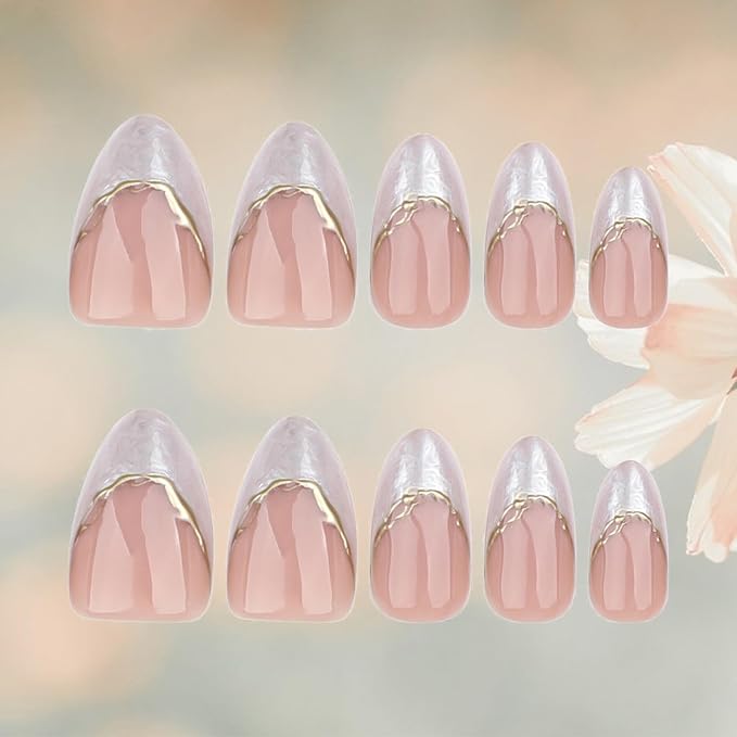 3D Gold Curve Press on Nails 24Pcs Irregular Lines Gel Glue on Fingernails Acrylic Full Cover Fake Nails Glossy Silver French Stick on Nail Sparkly Medium Almond False Nail for Holiday Manicure Art