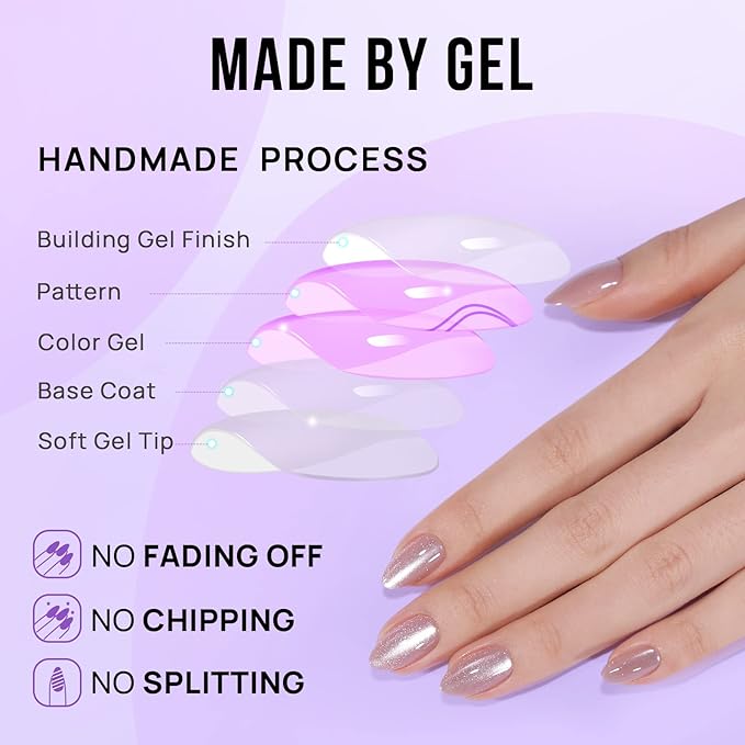 BTArtbox Press On Nails Almond - Short Soft Gel Fake Nails with Nail Glue, Opaque Reusable Stick On Nails in 16 Sizes - 32 Nail Kit, Falling Star Cat Eye
