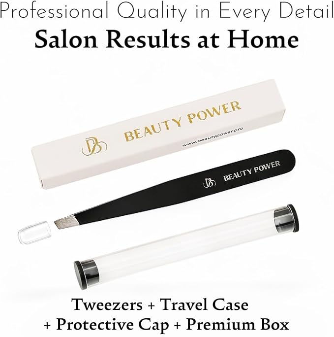 Slant Tip Precision Tweezers - Stainless Steel Eyebrow Tweezers for Women & Men - Precision Tweezers for Facial Hair, Ingrown Hair & Brow Shaping - Professional Beauty Tool (Matte Black)