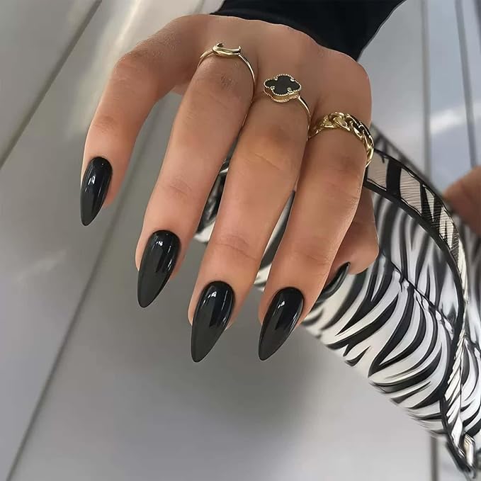 Black Press on Nails Solid Color Short Almond Acrylic Fake Nails Glossy Black Full Cover Glue on Nails Reusable Artificial Stick on Nails for Women and Girls 30 Pcs