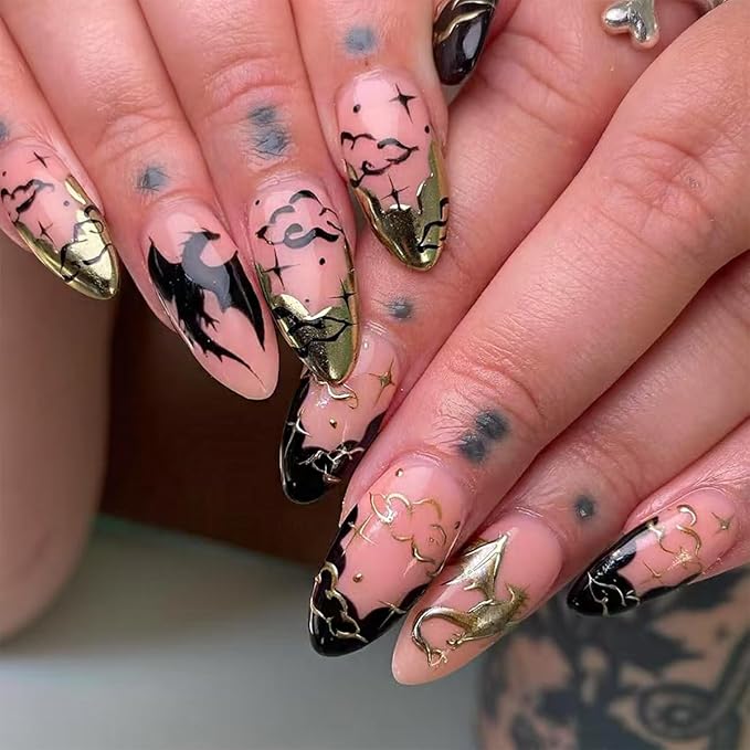 Press on Nails Medium Almond Fake Nails with Gold Black Dragon Design French Tip False Nails Press on Glossy Full Cover Glue on Acrylic Nails for Women Manicure 24Pcs