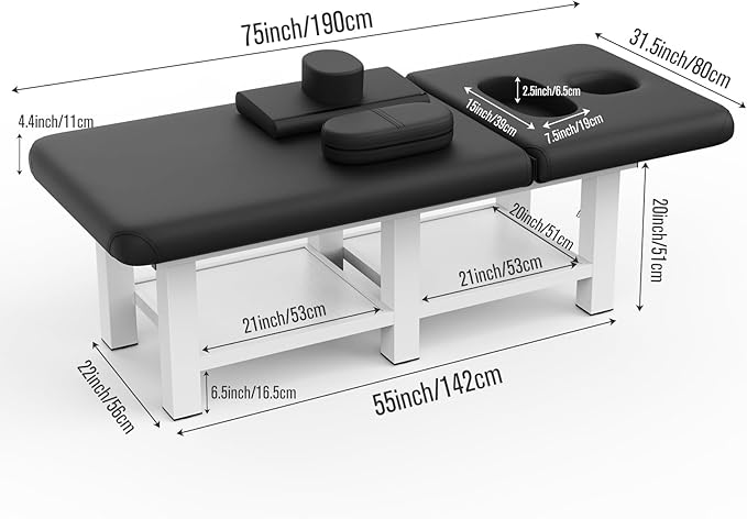 pouseayar Metal Frame Wide Stationary Massage Table for Treatment Table Physical Therapy Table Spa Facial Bed, PU Leather 31.5'' Wide 75'' Long (Black, Segmented Structure)