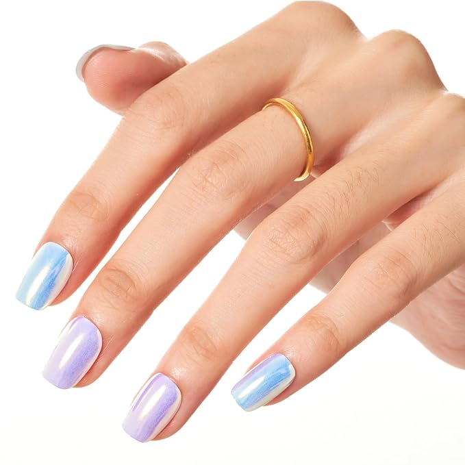GLAMERMAID Press on Nails Extra Short Square, Purple Blue Chrome Spring Summer Handmade Gel Glue on Nails, Glossy Fake Nails Reusable Acrylic False Nails Manicure Kits for Women