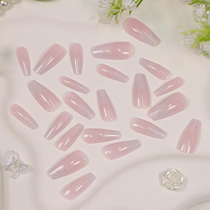 Medium Press on Nails Coffin Fake Nails Gradient Nails Press ons Light Pink False Nails with Glitter Designs for Women 24Pcs