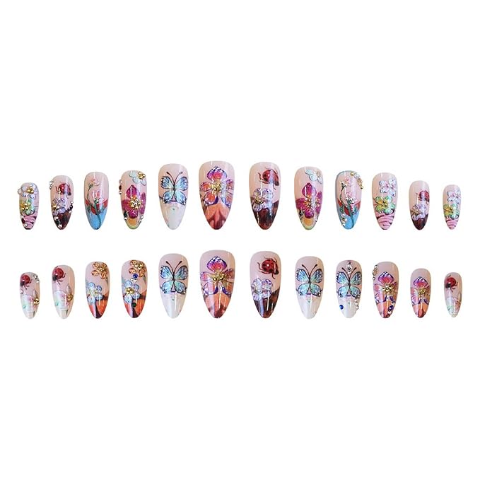 24Pcs Colour Flower Press on Nails Medium Almond French Tip Fake Nails with Cute Ladybug Butterfly Design Spring Summer False Nails Gold Rhinestones Stick on Nails Full Cover Glue on Nails for Women
