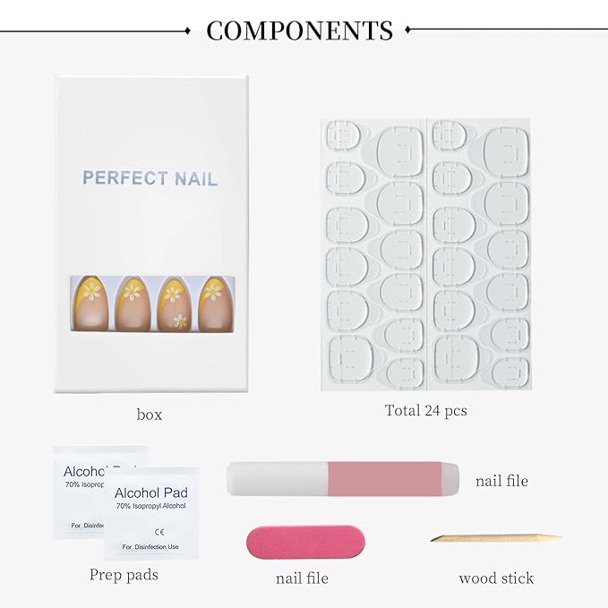 Yellow French Tip Press-On Nails with White Daisy Design, Almond Shape, Glossy Reusable Fake Nails, 24Pcs Full Cover Manicure Set