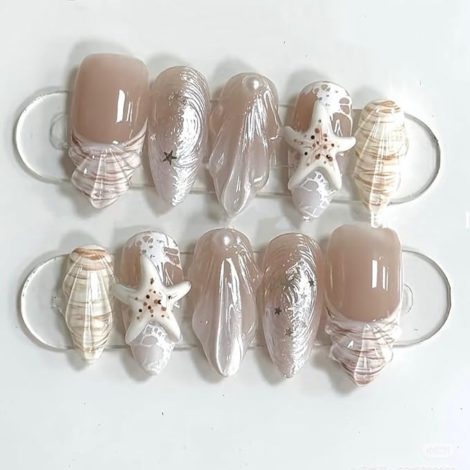 24Pcs Summer Beach Press on Nails Medium Almond French Tip Fake Nails 3D Shell Starfish Rhinestones Designs Full Cover Stick on Nails White Shell False Nails for Women Girls Acrylic Nails Decor DIY