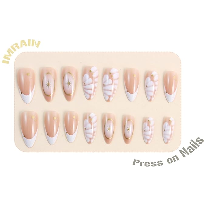 IMRAIN Medium Almond Press on Nails French Tips Fake Nails with Crocodile Print Designs Nude White Ombre Glossy Glue on Nails Acrylic Full Cover Golden Star Stick on False Nails for Women Girls