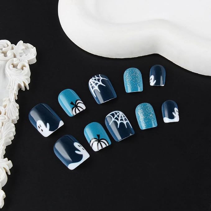 24Pcs Blue Glitter Press on Nails Short Square Halloween Fake Nails Glossy White Ghost Pumpkin Acrylic False Nails Spider Web Stick on Fingernails Gel Glue on Nail Holiday Manicure for Women
