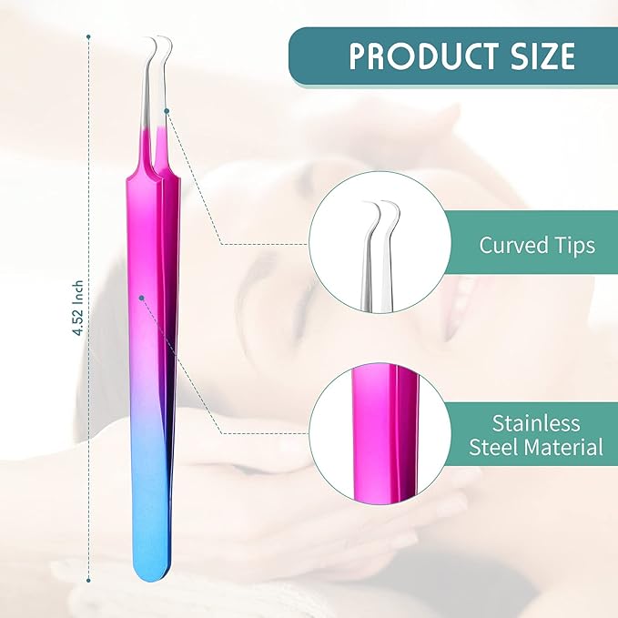 Honoson 3 Pcs Blackhead Tweezer Stainless Steel Pimple Tweezers Extractor Tool for Remove Zit Whitehead Pimple Bend Curved Tweezer Skin Blackhead Remover Tools(Rainbow Color)