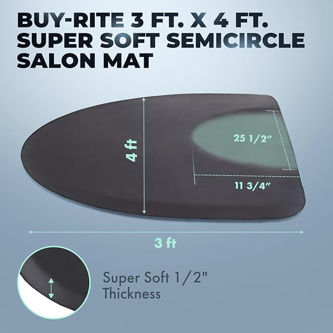 Buy-Rite 3’ x 4’ Anti-Fatigue Salon Mat - 1/2” Thick Semicircle Design with Chair Depression, Puncture-Proof & Low-Static Surface, Easy-Clean Floor Protection Mat for Stylists & Barbers - Black