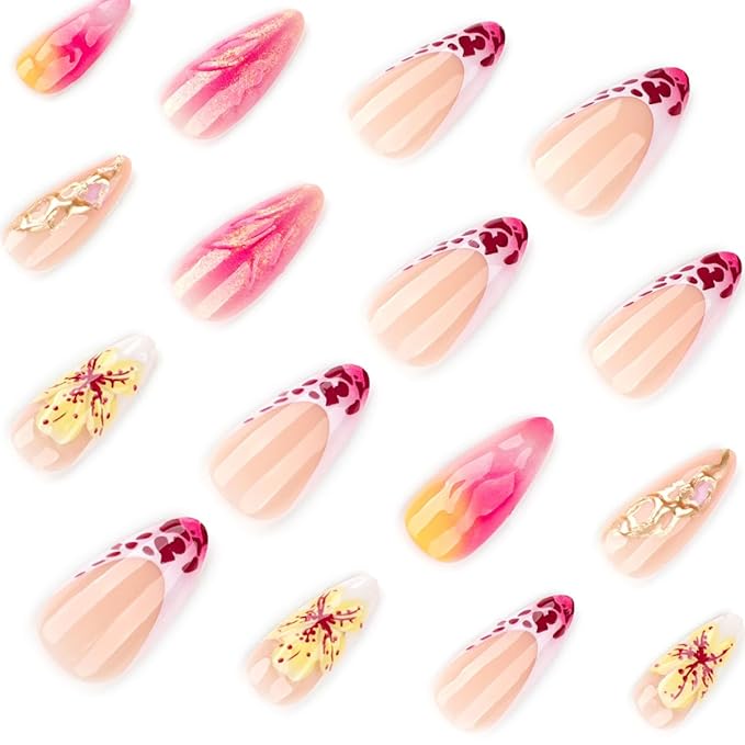Flower Press on Nails Leopard Print French Tip Fake Nails Long Almond False Nails Hawaiian Floral Water Ripple with Gold Line Design Gradient Glue on Nail for Women Decor Manicure Supplies