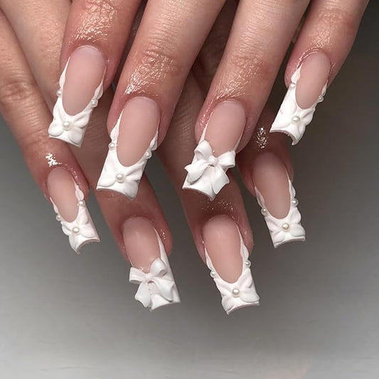 Handmade 3D White Bow French Tips Press On Nails Square Medium Length, Bow French Tip Designer Reusable Acrylic Fake Nails With Cute Glue On Nails, Daily Wear Nails For Women Girls