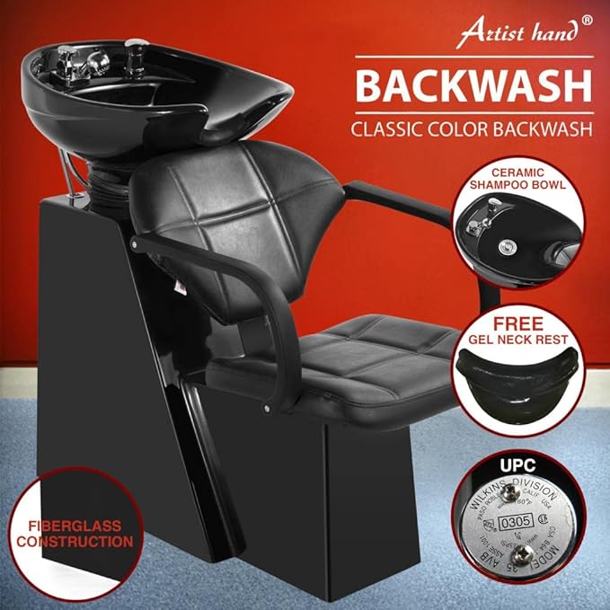 Artist hand Shampoo Bowl Backwash Barber Chair Adjustable Ceramic Bowl Sink W/Rubber Headrest for Salon Beauty Spa Equipment (Black)