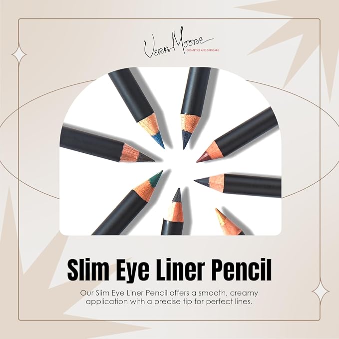 Vera Moore Slim Eye Liner Pencil, Smooth Formula, Hypoallergenic and Vegan, Smudge-Proof and Waterproof Application, Bold and Defined Lines Eyeliner, (0.05 Oz) (Black Eyeliner)
