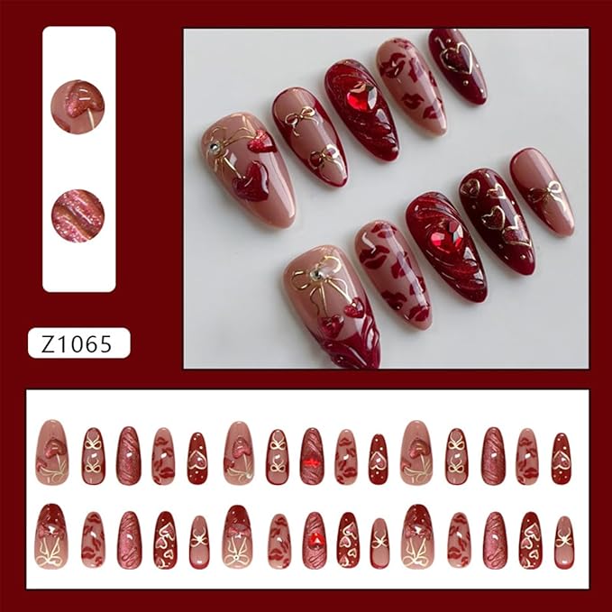 30Pcs Red Press on Nails Medium Almond Fake Nails Gold Bow Design Cherry False Nails Heart Red Lips Full Cover Artificial Nails Romantic Glitter Glue on Nails for Women Girls Valentines Nails DIY