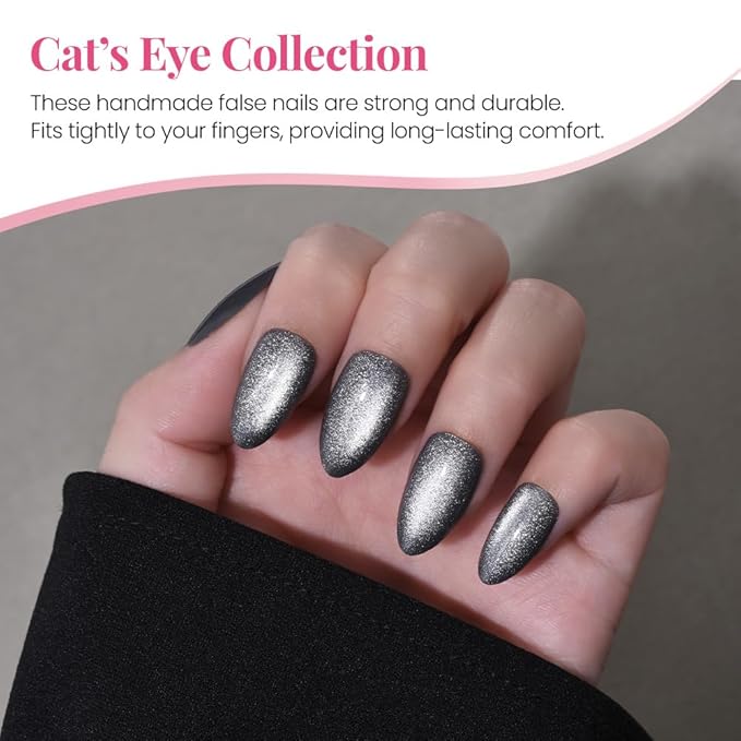 evpct Cat Eye Silver Press on Nails Almond Short, Silver Metal Short Almond Soft Gel Press on Nails with Nail Glue, Fit Perfectly, 30Pcs Reusable Acrylic Fake Press-on Nail Polish Kit for Women Gift