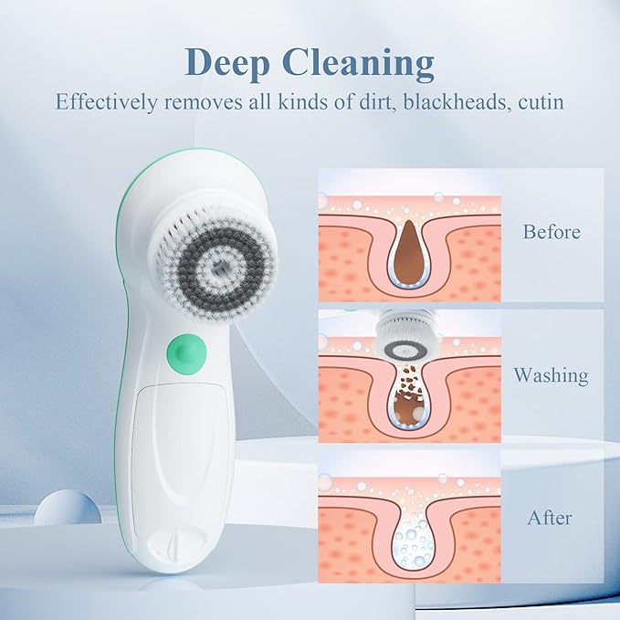 TOUCHBeauty Facial Cleansing Brush Electric, Face Cleansing Brush with Stand, 3 Brush Heads, 2 Speeds, IPX5 Waterproof, Battery-Powered, Suitable for All Skin Types, TB-0759D