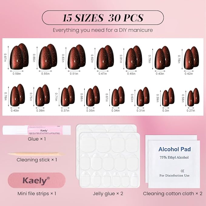 evpct Dark Red Press on Nails Almond Short, Reddish Brown Cat Eye Glitter Press on Nails for Women Gift, Soft Gel Press Glue On Nail with Nail Glue, Full Cover, 30Pcs Reusable Acrylic Fake Nails Kit