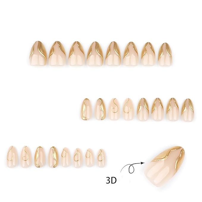 24pcs French Tip Press on Nails Medium Almond Fake Nails Gold French Line False Nails with Design Nude Glue on Nails Chrome Gold Line Artificial Acrylic Full Cover Glossy Stick on Nails for Women