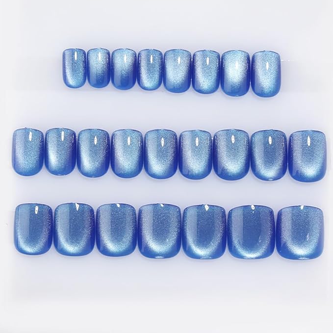 Blue Press on Nails Short Square Ice Blue Cat Eye Press on Nails Fashion Gel Fake Nails Reusable Acrylic Fake Nails Glossy Stick on Nails for Women Girls Gift Glue on Nails Kit