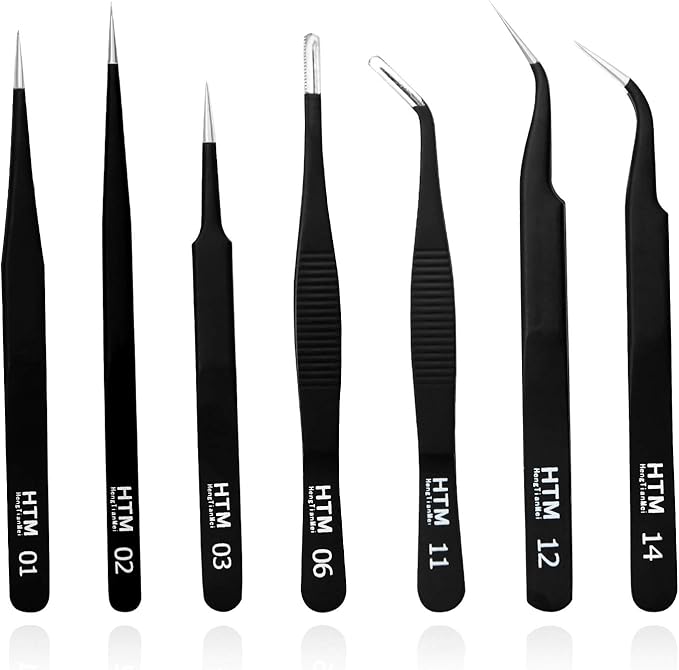HengTianMei 7Pcs Precision Micro Tweezers Set, Anti-Static Stainless Steel, 3 Sharp Pointed Tweezers, 2 Curved Tweezer, 2 Serrated Tweezer for Eyelash Extensions, Craft, Jewelry, Soldering,Electronics