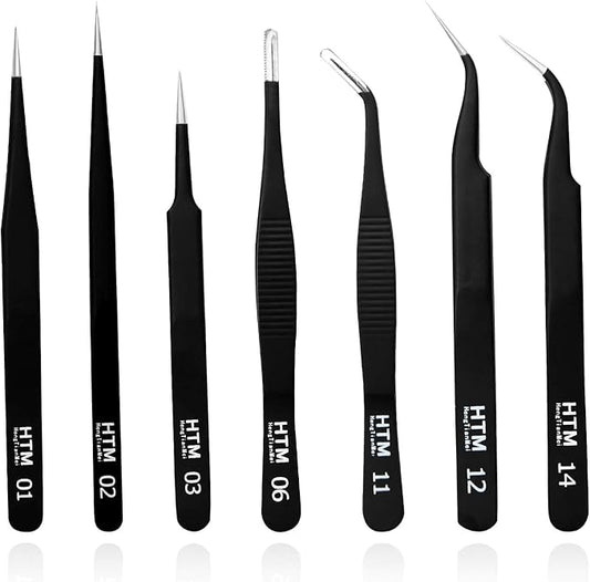 HengTianMei 7Pcs Precision Micro Tweezers Set, Anti-Static Stainless Steel, 3 Sharp Pointed Tweezers, 2 Curved Tweezer, 2 Serrated Tweezer for Eyelash Extensions, Craft, Jewelry, Soldering,Electronics
