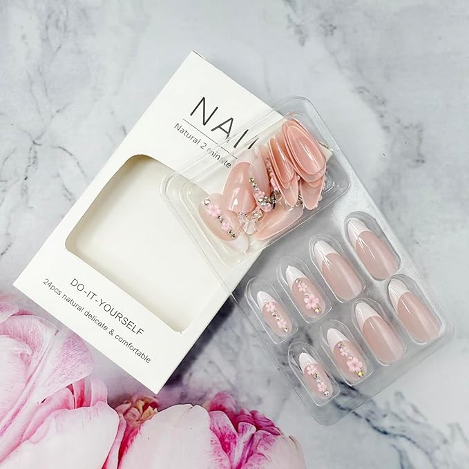 24Pcs Medium Almond Press on Nails Pink French Tip Fake Nails with 3D Flower Pearl Rhinestones Design Glossy Nude Glue on Nails Gold Butterfly Charm Artificial Nails Cute Bow Stick on Nails for Women