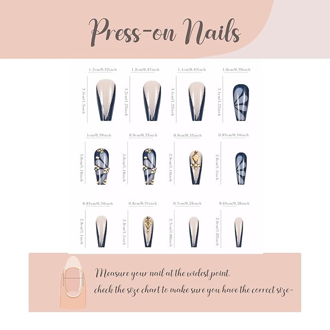 BABALAL Press on Nails Long Square Fake Nails Blue French Tip Glue ons Butterfly Gold Rhinestone Charm Design Shine Acrylic Nails Supplies Squoval 24Pcs Luxury DIY Handmade Stcik on False Nail Art