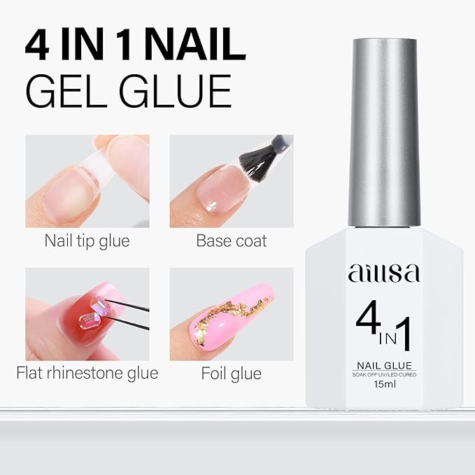 AILLSA Gel Nail Glue for Acrylic Nails, 4 in 1 Super Strong Nails Gel Glue for Fake Nail Tips,15ML High Capacity Long Lasting Brush On Nail Glues for Rhinestone Pearl Foil, (U V Lamp Curing Needed)