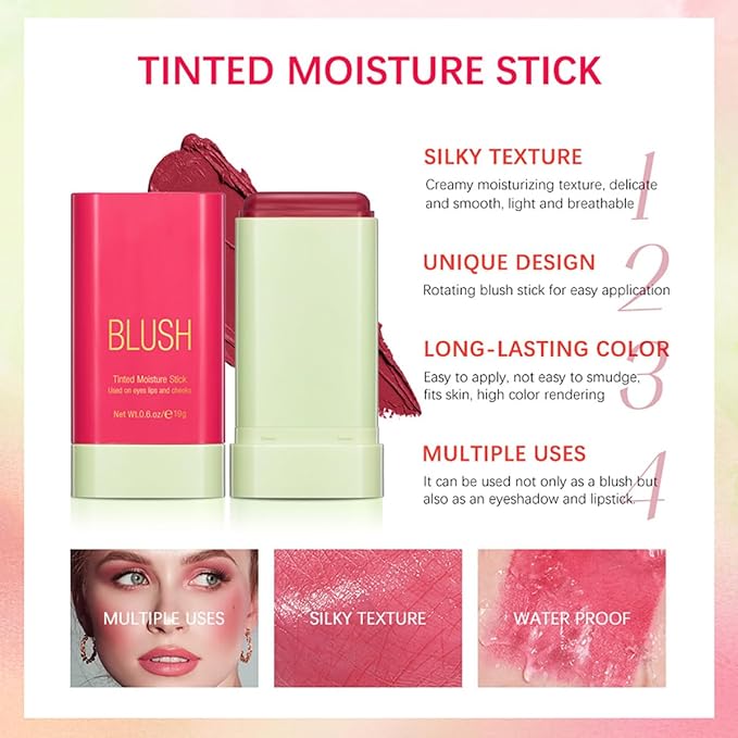 Multi-Use Makeup Blush Stick, Cream Blush Stick, Tinted Solid Moisturizer Stick for Cheek & Eyes & Lips, Waterproof Natural Nude Makeup, Suitable for All Skin (2#Hot Red)