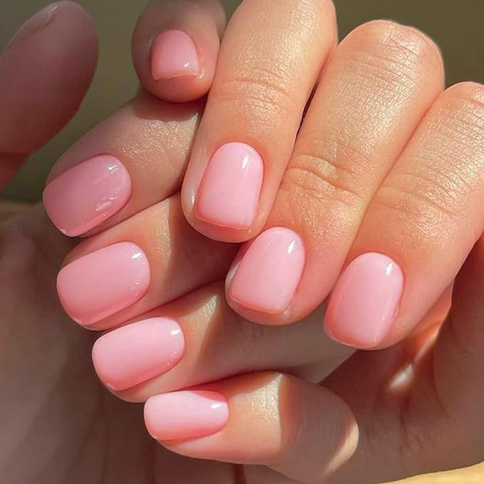 KQueenest Rose Baby Pink Square Press on Nails Short, Fake Nails Short Coffin, Pure Bright Color Natural Petite Nails, Solid Stick on Nails Press on for Women Daily Office Manicure