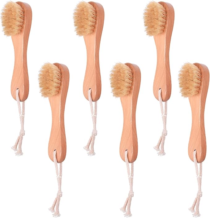 6 Pcs Face Exfoliator Brush Dry Brush Natural Bristles Wooden Face Cleaning Brush, Facial Cleansing Brush Face Wash Scrub Exfoliator Brush for Face Care