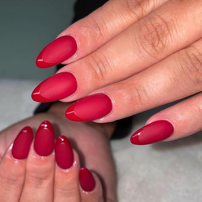 Light Red French Tip Press on Nails Short Almond Nails Press ons, Short Fake Nails with Matte Finish, Brighter French Glue on Nail False Nail for Women Fall Winter, in 32 Pcs 16 Sizes