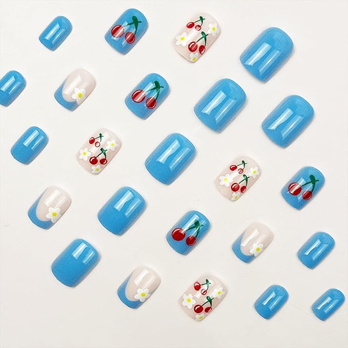 Cherry Press on Nails Short Square Fake Nails Flower False Nail Floral Glossy Full Cover Acrylic Nail Blue Glue on Nails Artificial Cute Stick on Nail for Women Manicure 24Pcs
