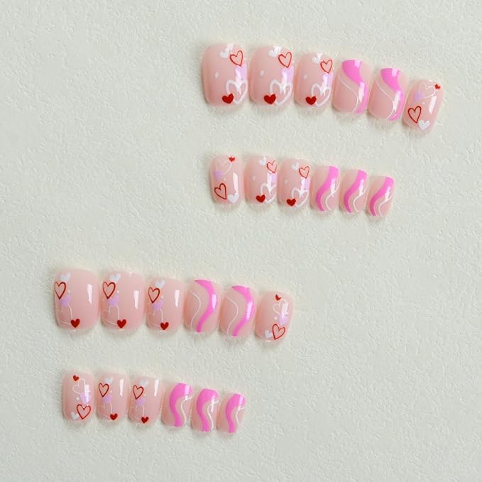 24Pcs Valentines Press on Nails Short Oval Fake Nails Colourful Love Heart Glue on Nails Stripe Design Valentines Acrylic Nails Nude Pink Stick on Nails Cute Artificial False Nails for Women Manicure