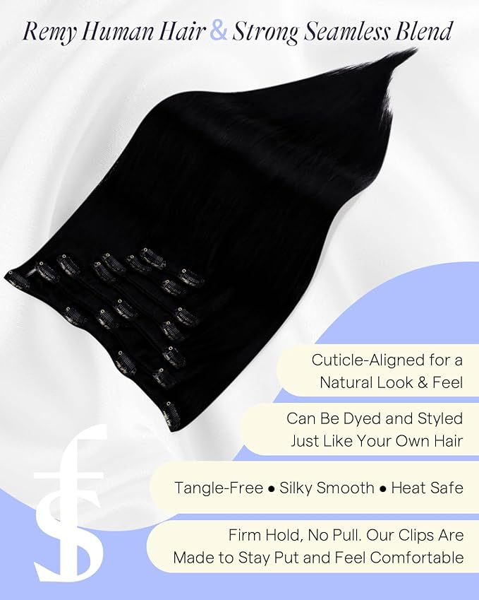 Full Shine Thick Human Hair Clip in Extensions Jet Black 28 Inch 180 G Clip in Hair Extensions for Thickness Full Head Long Length 7 Pcs