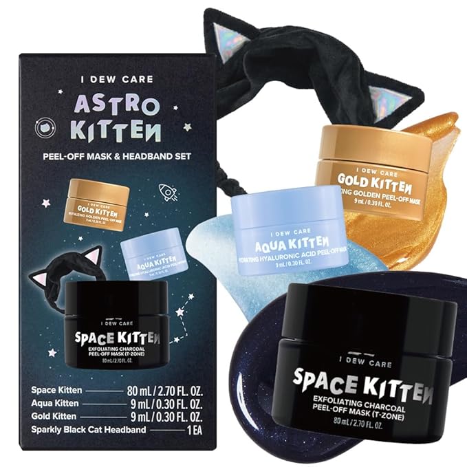 I DEW CARE Peel-off Face Mask Set - Astro Kitten | Exfoliating, Hydrating, Revitalizing, Whitehead Mask, Black Cat Spa Headband, Korean Skincare, Glass Skin, Stocking Stuffers, Travel Size, Mini Set