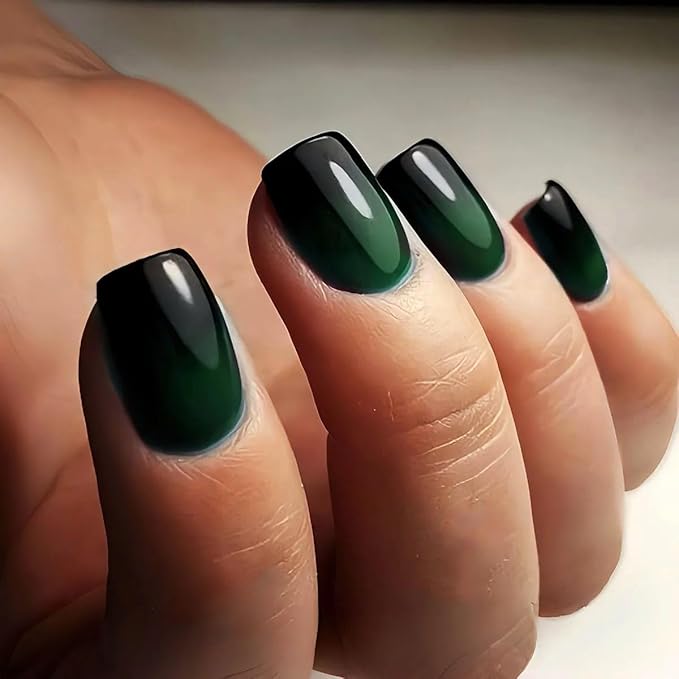 KQueenest Ombre French Press on Nails Short Square, Dark Green Black Fake Nails Short Coffin, Gradient Color Acrylic Nails Press Ons, Soft Gel Glue on Nails for Women Christmas in 30 Pcs