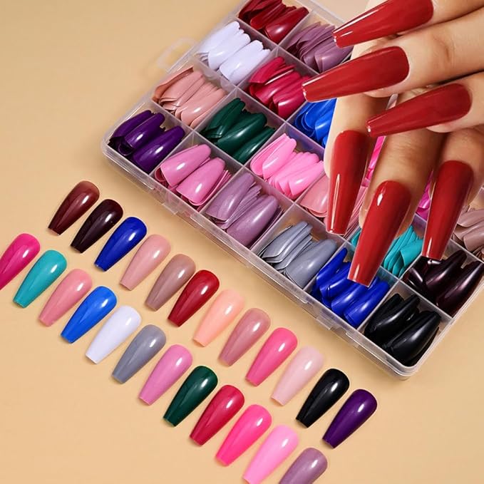 Long Coffin Press on Nails Solid Color Fake Nails Full Cover False Nails Glossy Acrylic Glue on Nails Reusable Artificial Nail Stick on Nail for Women Manicure 12Color - 576Pcs