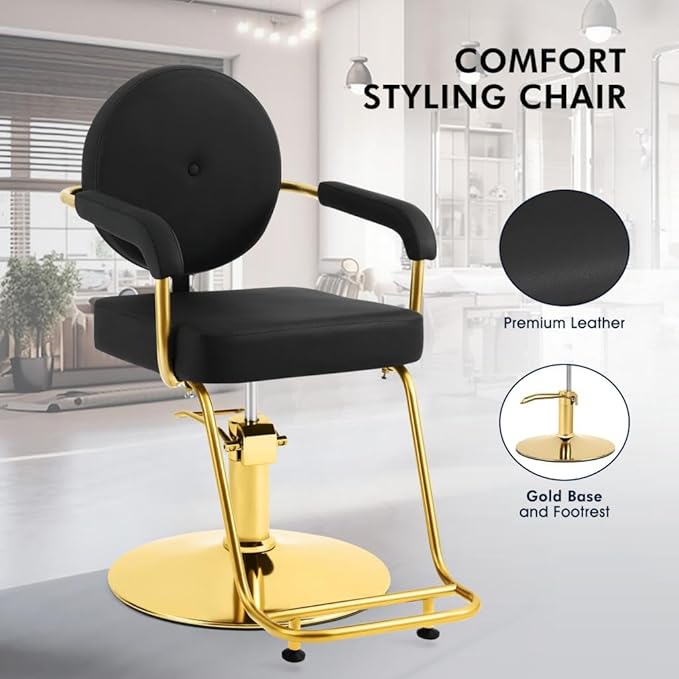 Artist hand Salon Chair for Hair Stylist, Hydraulic Barber Chair 360° Swivel Hair Stylist Chair, Thick Seat with Foot Rest Comfortable Salon and Spa Beauty Equipment Black and Gold