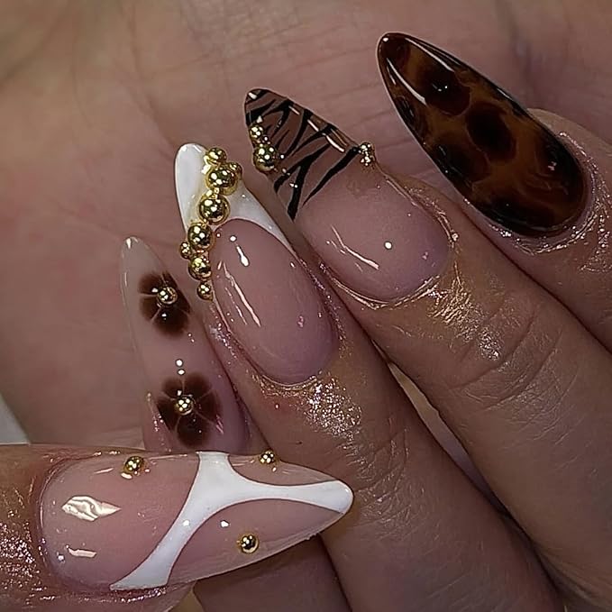Long Almond Press on Nails Gold White Fake Nails Nude Leopard Print Stick on Nail for Women 24pcs