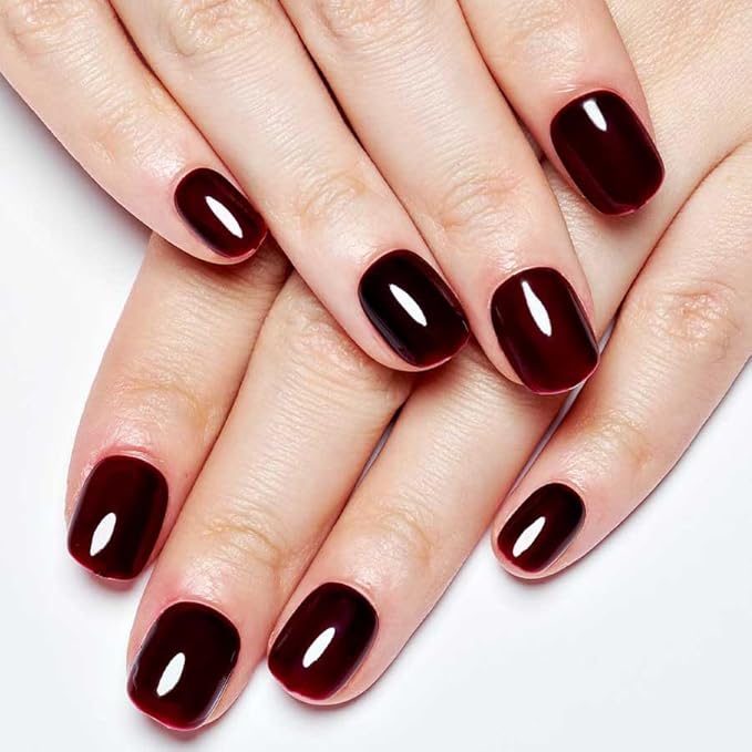 GLAMERMAID Extra Short Press on Nails 24PCS, Handmade Gothic Burgundy red Jelly Fall Gel Glue on Nails, Glossy Round Reusable UV Finish Fake Nails Acrylic False Nails Manicure Kits for Women