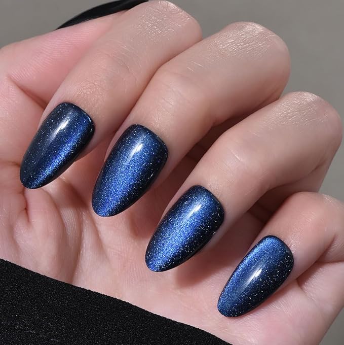 evpct Dark Blue Press on Nails Almond Short, Royal Blue Cat Eye Glitter Press on Nails for Women Gift, Soft Gel Press Glue On Nail with Nail Glue, Full Cover, 30Pcs Reusable Acrylic Fake Nails Kit